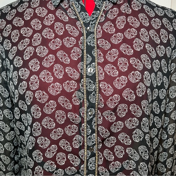 Zara Trafaluc Long Sleeve Sheer Collared Button Up Shirt - Skulls - Picture 2 of 7